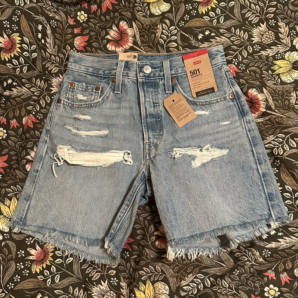 Levi's 501 Mid Thigh High Rise Jean Shorts Deconstructed Medium Indigo 24 - Picture 5 of 7